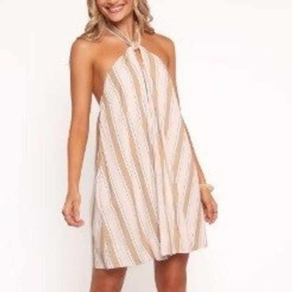 NWT PETAL & PUP Callista Mini Dress Beige Tan Stripe Women Size XL Linen Halter